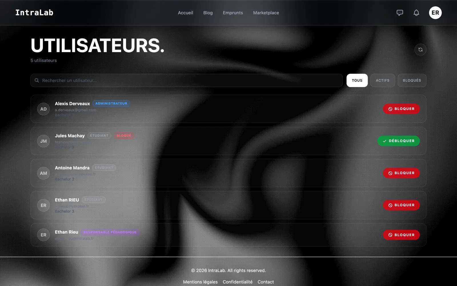 Account administration: roles, blocking and unblocking