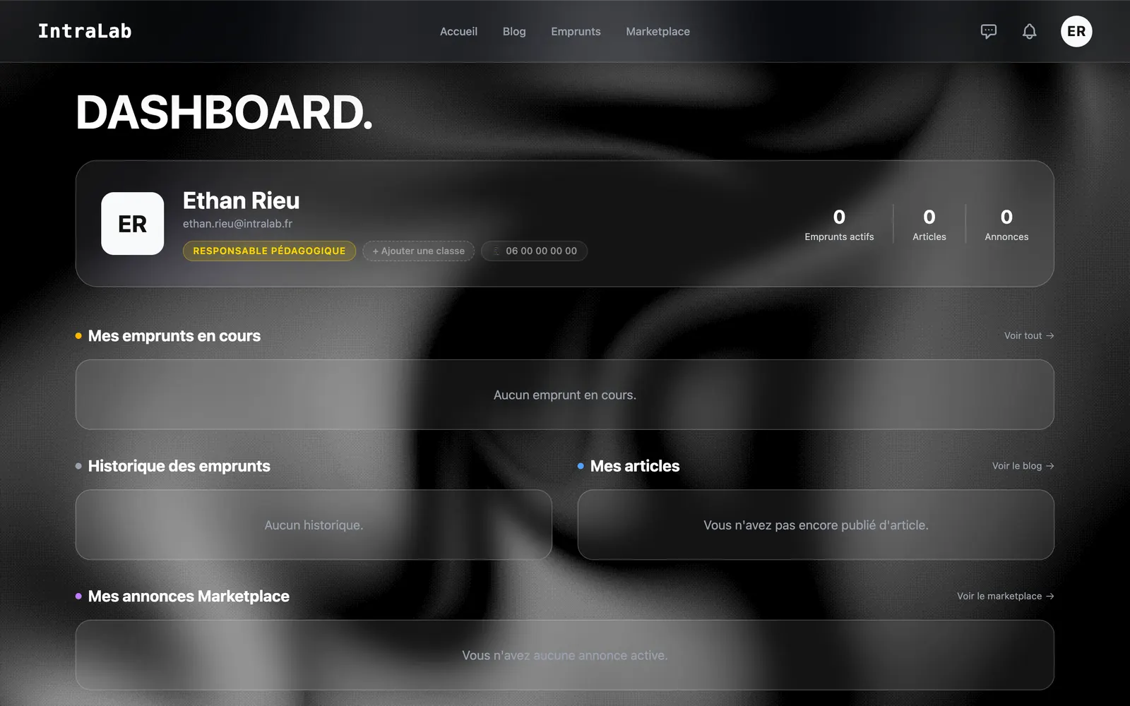 Personal dashboard (loans, articles, listings)