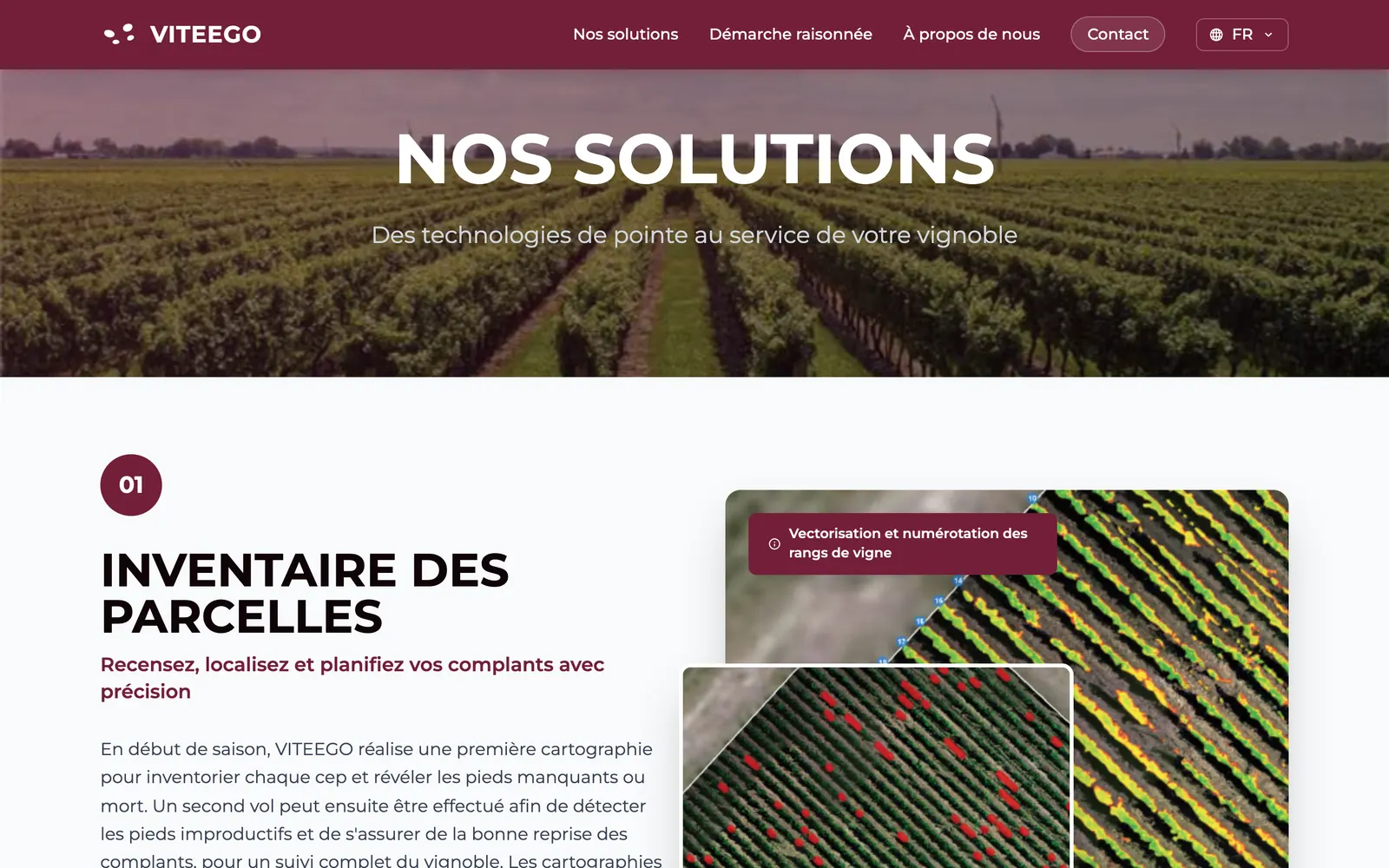 “Our solutions” page showing the vine inventory